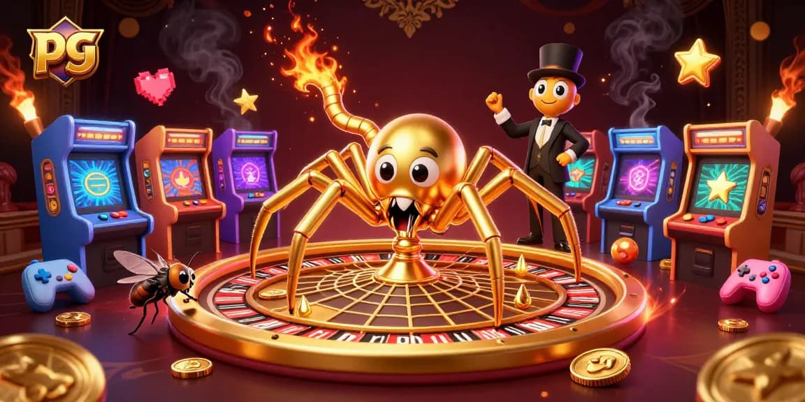 Engage with pg in a thrilling 3D casino scene featuring a spider roulette and dynamic elements.