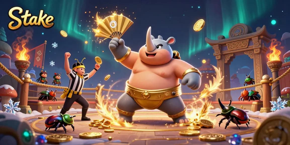 Witness Stake’s thrilling atmosphere as the beetle champion stomps, sending golden coins soaring.