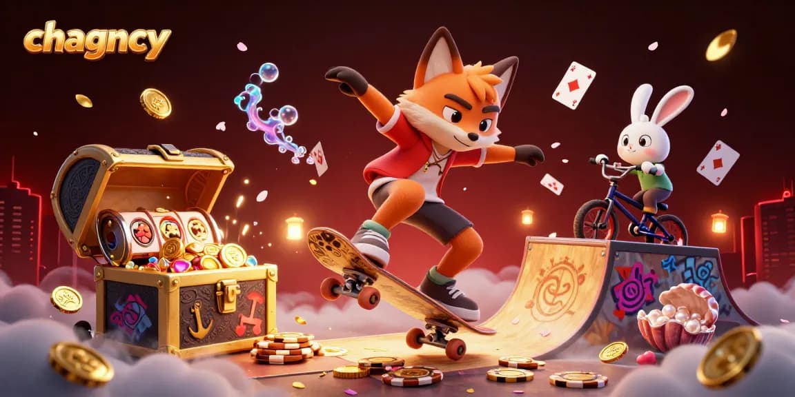 Engage with chagency's vibrant casino world as a skateboarder fox performs a trick over golden poker chips.