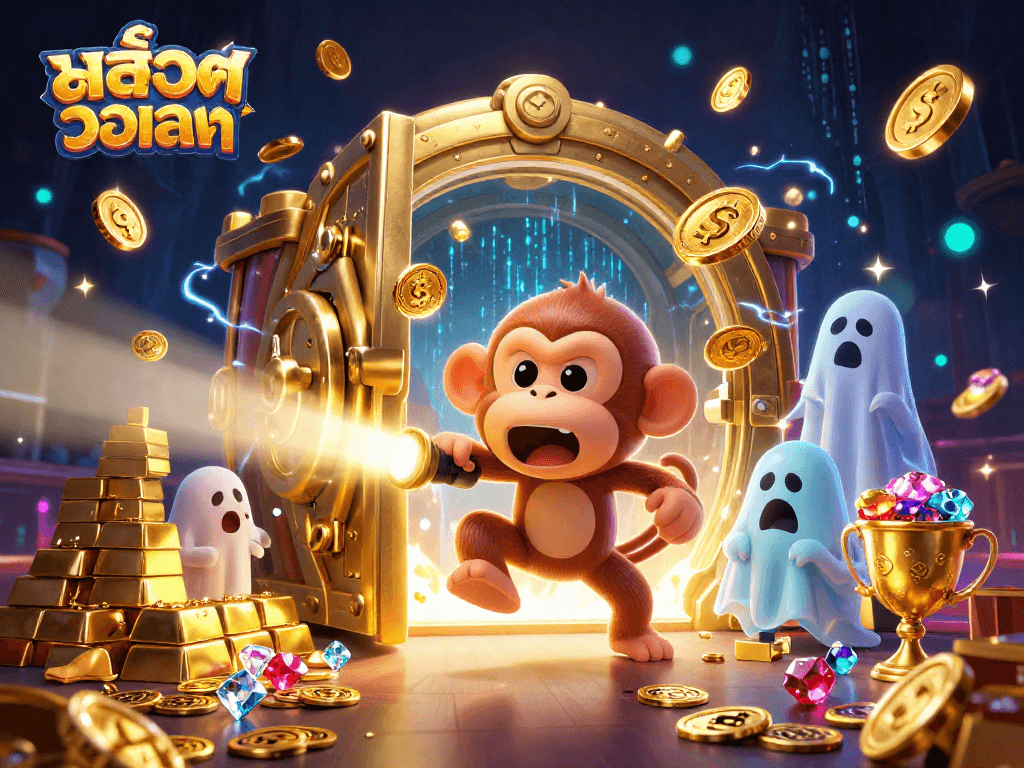 Experience the excitement of สล็อตวอเลท as a playful monkey juggles treasures in a vibrant casino scene.