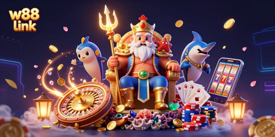 Engage with w88 link in a vibrant online gaming scene featuring a sea king and casino elements.