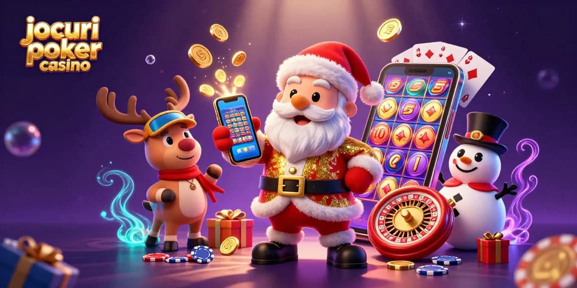 Joacă jocuri poker casino cu Santa Claus și prietenii săi în această ilustrație 3D vibrantă.