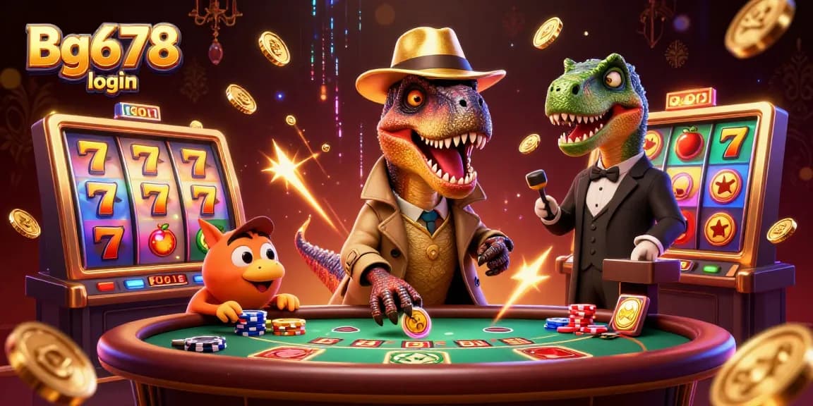 Engage with Bg678 login while a velociraptor card counter plots at the blackjack table amidst vibrant casino action.