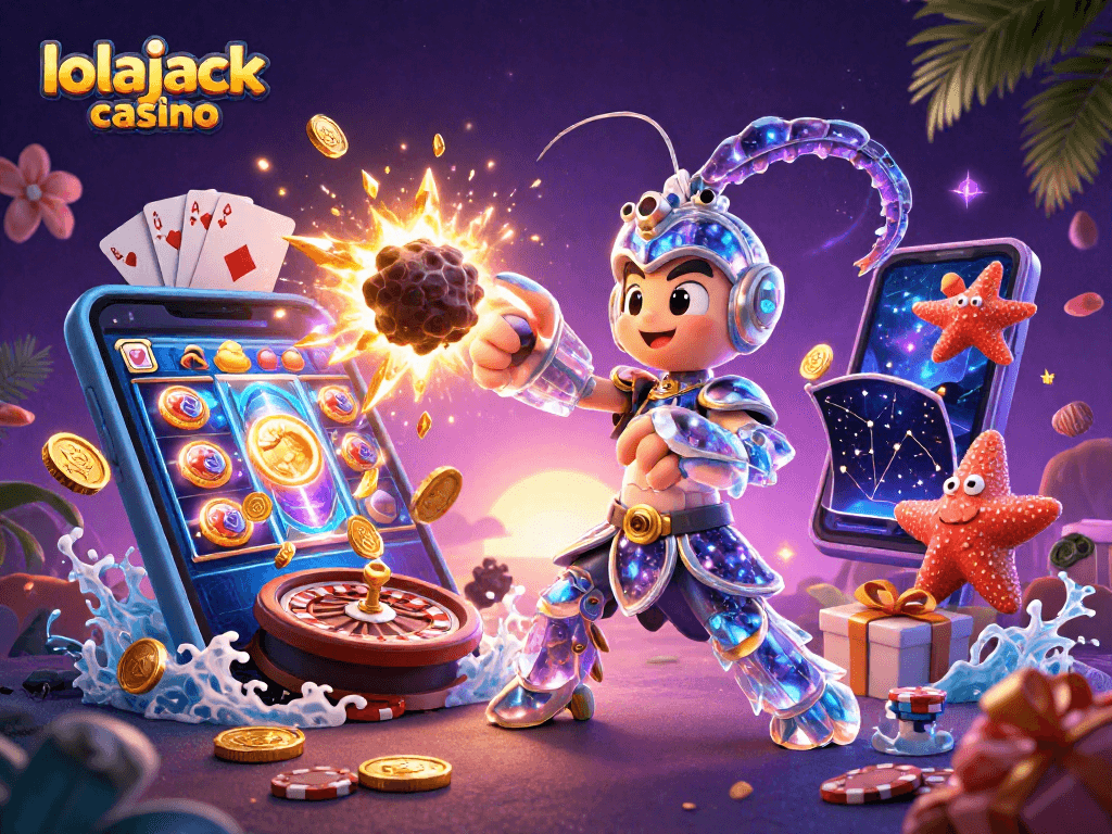 Engage with lolajack casino's vibrant 3D scene featuring galactic characters and dynamic game elements.