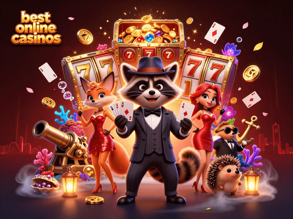 Experience the vibrant world of best online casinos with a suave raccoon, glamorous fox, and energetic gameplay visuals.