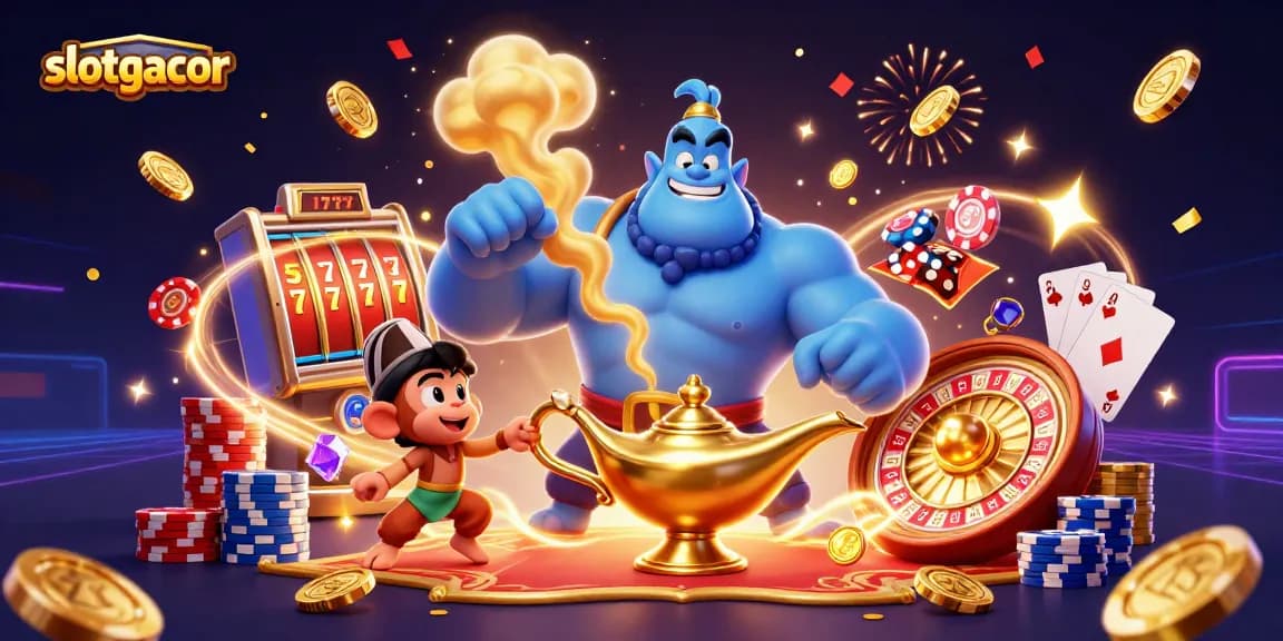 Engage with slotgacor showcasing a magical scene of a genie and casino elements for an exciting gaming experience.