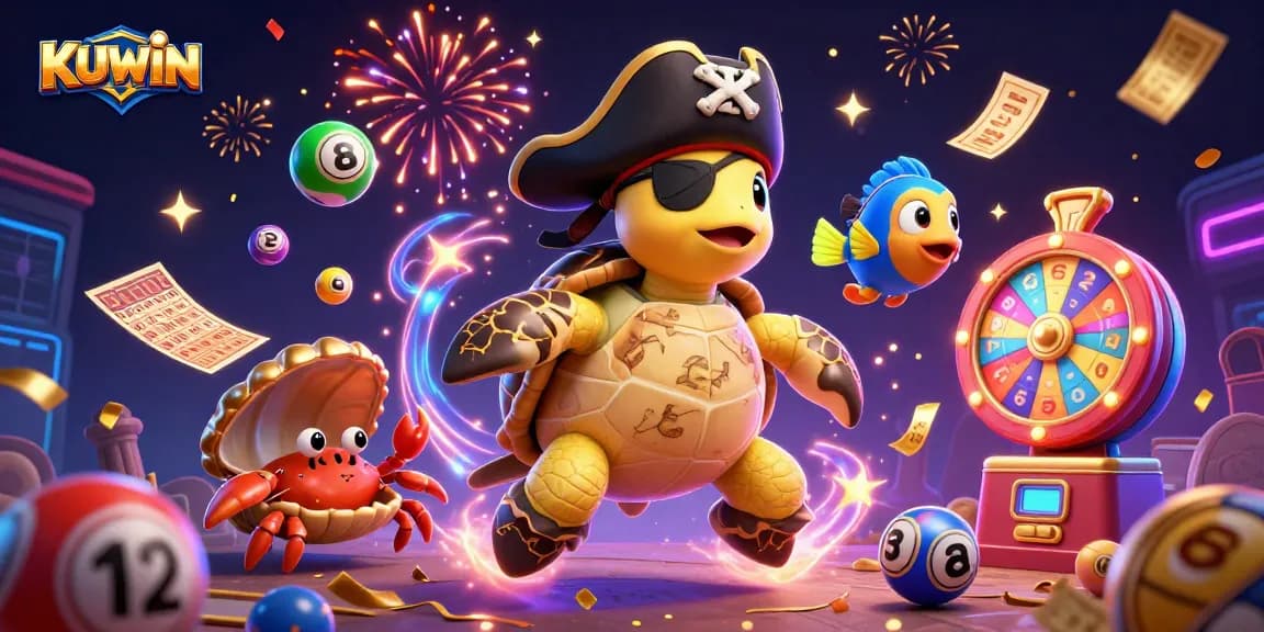 KUWIN players celebrate winning with a vibrant 3D cartoon scene featuring lottery elements and festive characters.