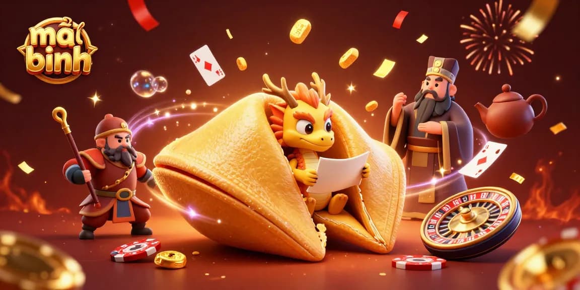 Engage in mậu binh with a vibrant scene of festive gambling characters surrounded by floating cards and confetti.