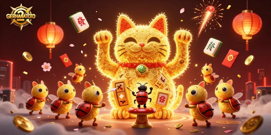 GERHANATOTO menampilkan kucing keberuntungan dari kunang-kunang di tengah simbol kasino yang berkilau.