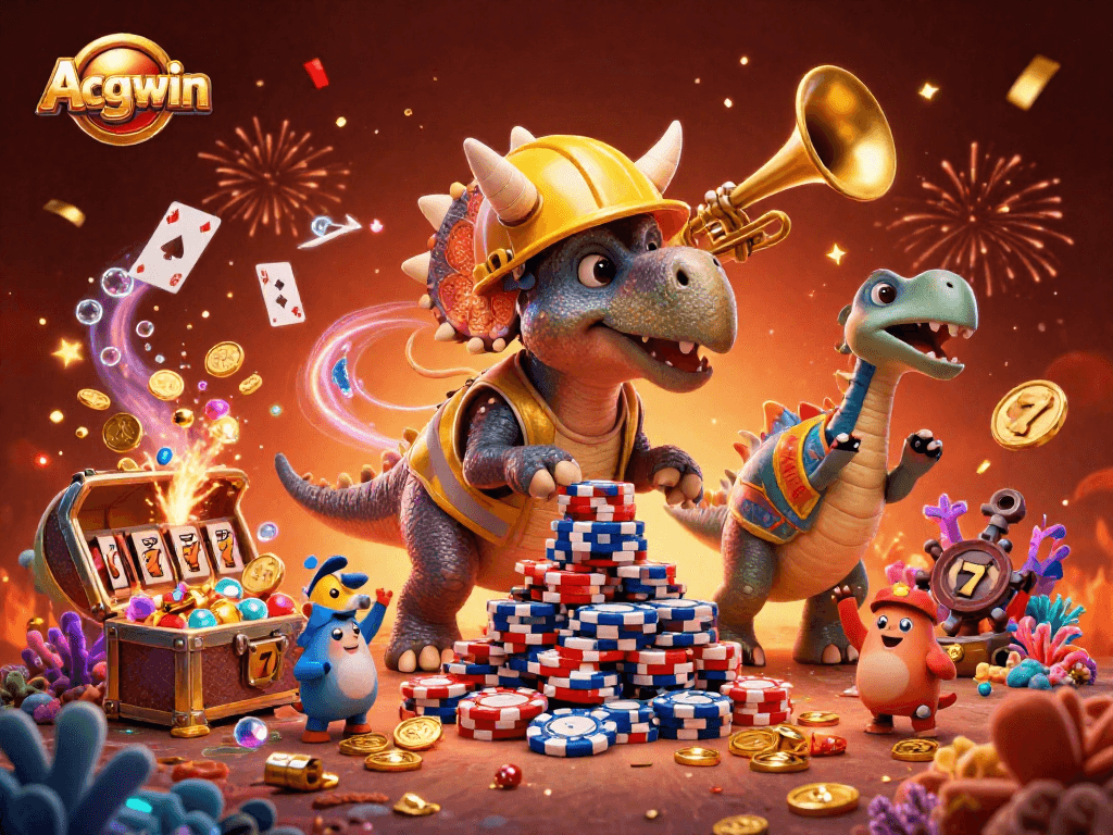 Acgwin showcases a vibrant casino scene with a triceratops building a poker chip pyramid amidst celebration.
