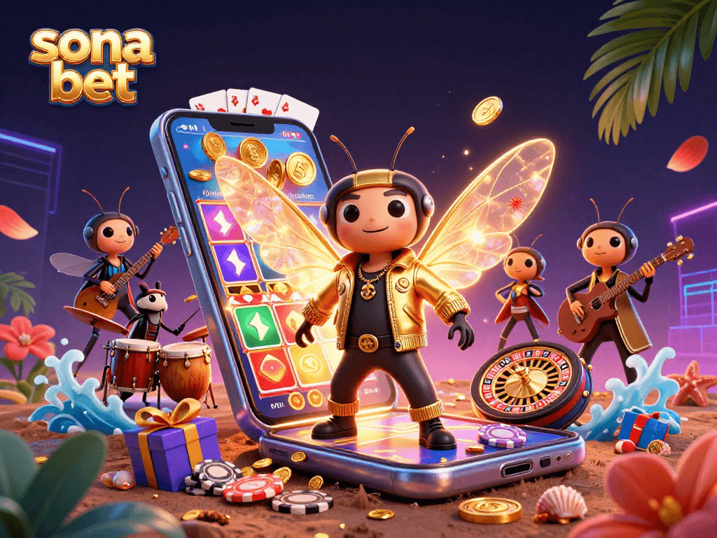 Sona bet showcases a vibrant 3D casino scene with a rock star, drummer, and lively gambling elements.