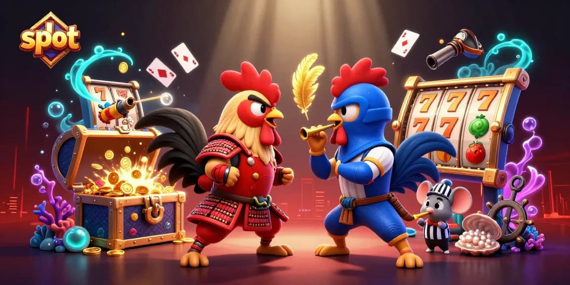 Menangkan jackpot slot dengan pertarungan ayam 3D yang epik dengan latar belakang kasino.