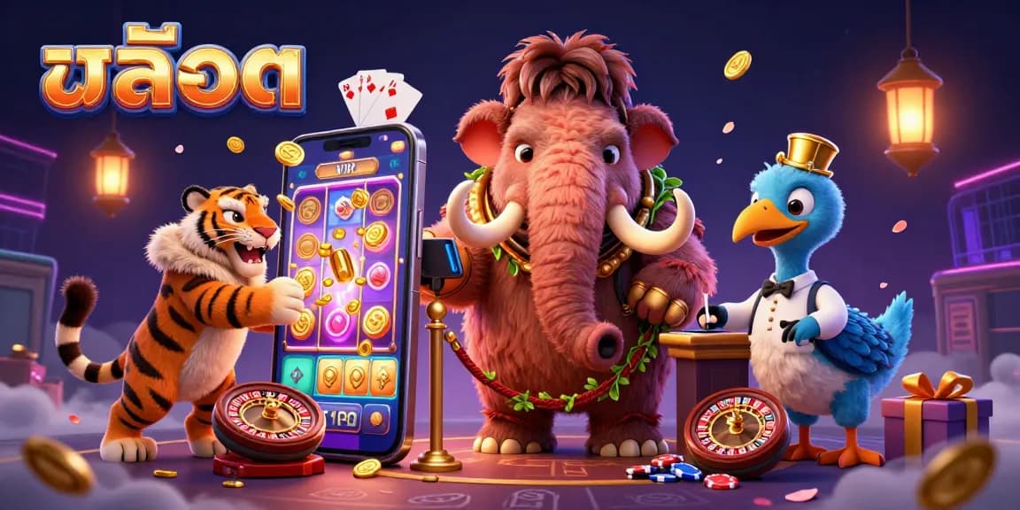 Engage with สล็อต casino excitement featuring a woolly mammoth bouncer checking IDs with dynamic slot elements.