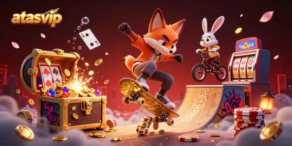 Join the excitement at atasvip as our animated fox skater and BMX rabbit ride through a vibrant casino world.