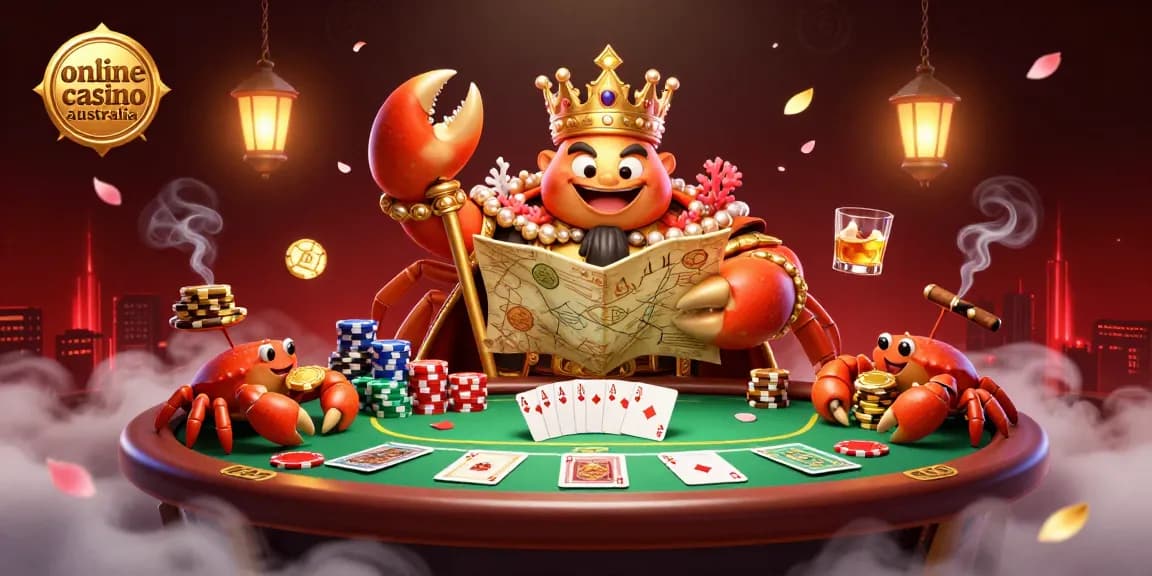Engage in vibrant gameplay at an online casino australia featuring a golden crab emperor and dynamic poker elements.