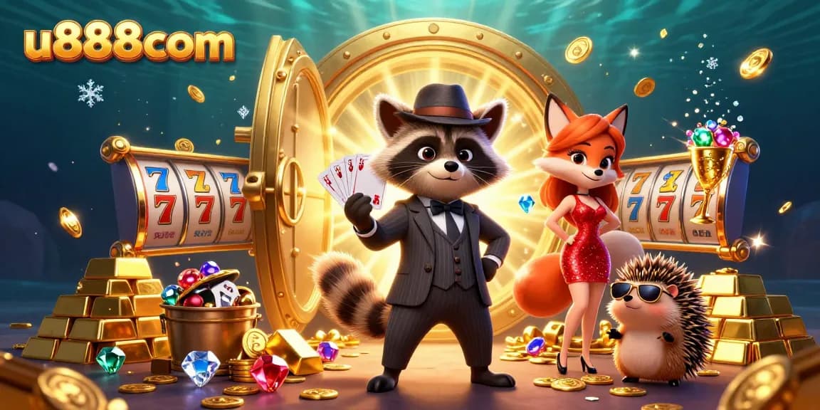 Experience the excitement of u888com with a royal flush, dazzling gems, and jackpot symbols in a vibrant casino scene.