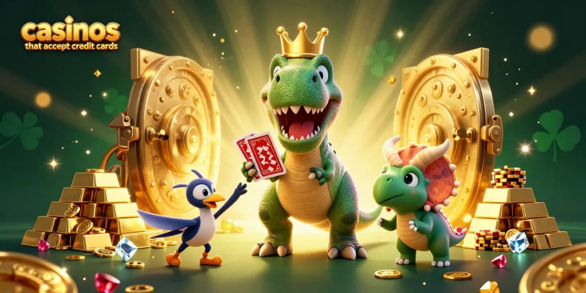 Experience thrilling gameplay at casinos that accept credit cards with a fun T-Rex dealer and sparkling treasures.