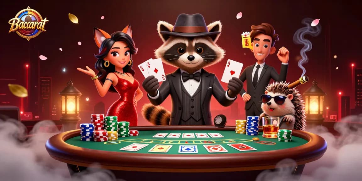 Baccarat gaming scene featuring a suave raccoon, charming fox, and hedgehog bouncer, vibrant casino atmosphere.