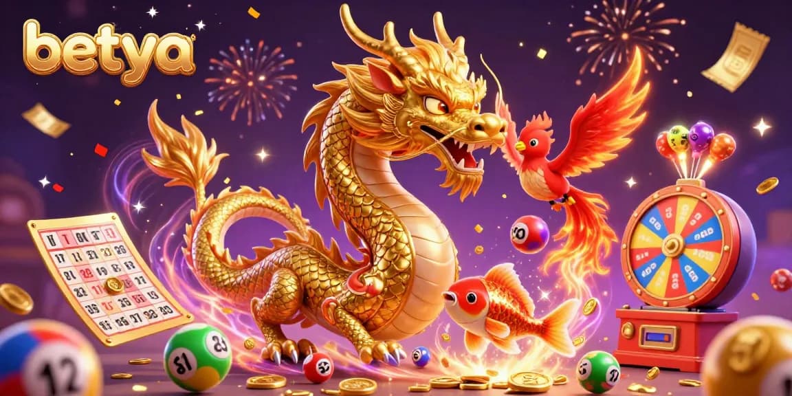 Engage in thrilling excitement with Betya as the fierce dragon, phoenix, and koi fish celebrate in a dynamic 3D gambling scene.