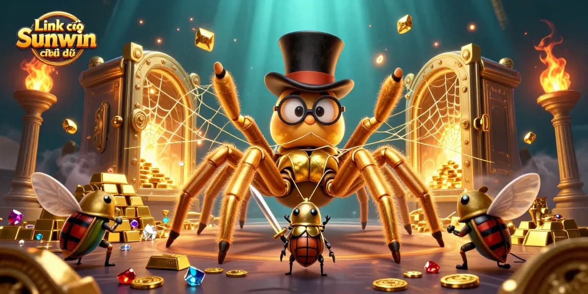 Engage with Link vào Sunwin chính thức through this vibrant 3D illustration showcasing unique casino characters and treasures.