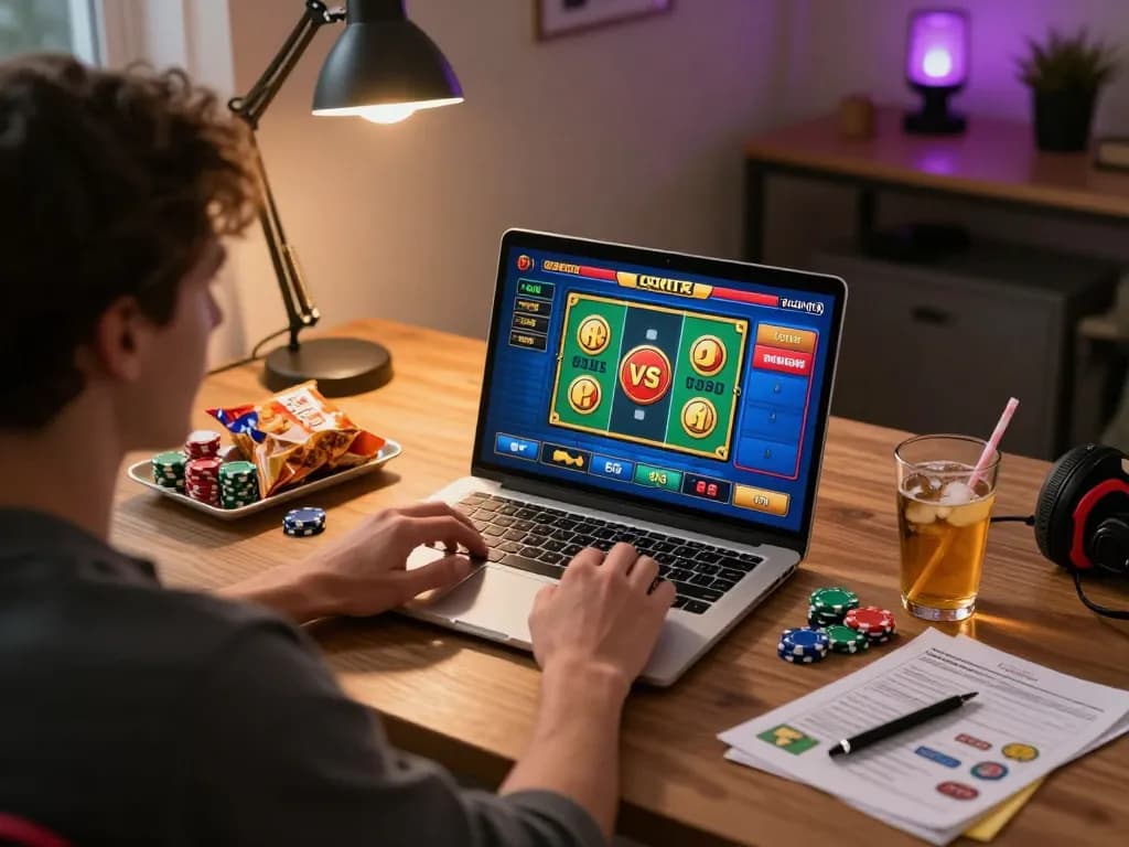 Engaging with link slot gameplay on a laptop in a cozy home setup, emphasizing strategic online gaming.