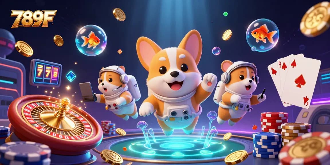 Experience the magic of 789F with a playful space-themed casino illustration featuring vibrant characters.