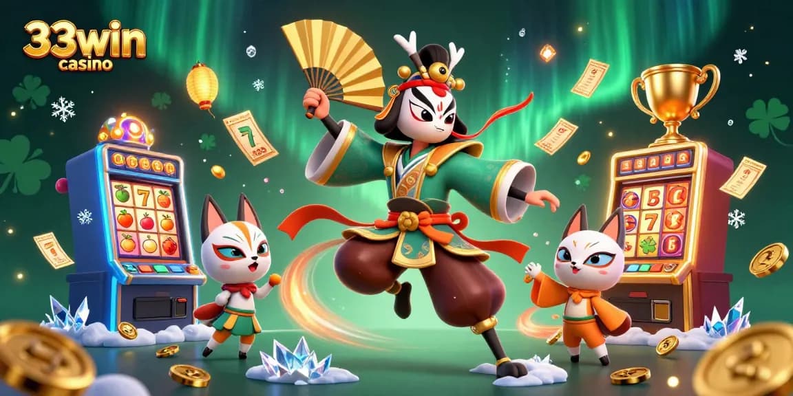 Win big at 33win casino with vibrant scenes of slot machines and dynamic action.
