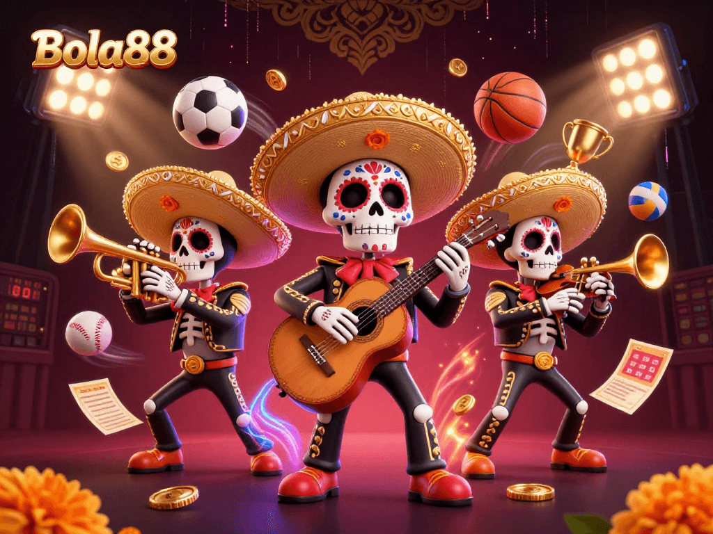 Bola88 menghadirkan suasana kasino dengan band mariachi yang meriah dan elemen taruhan olahraga yang dinamis.