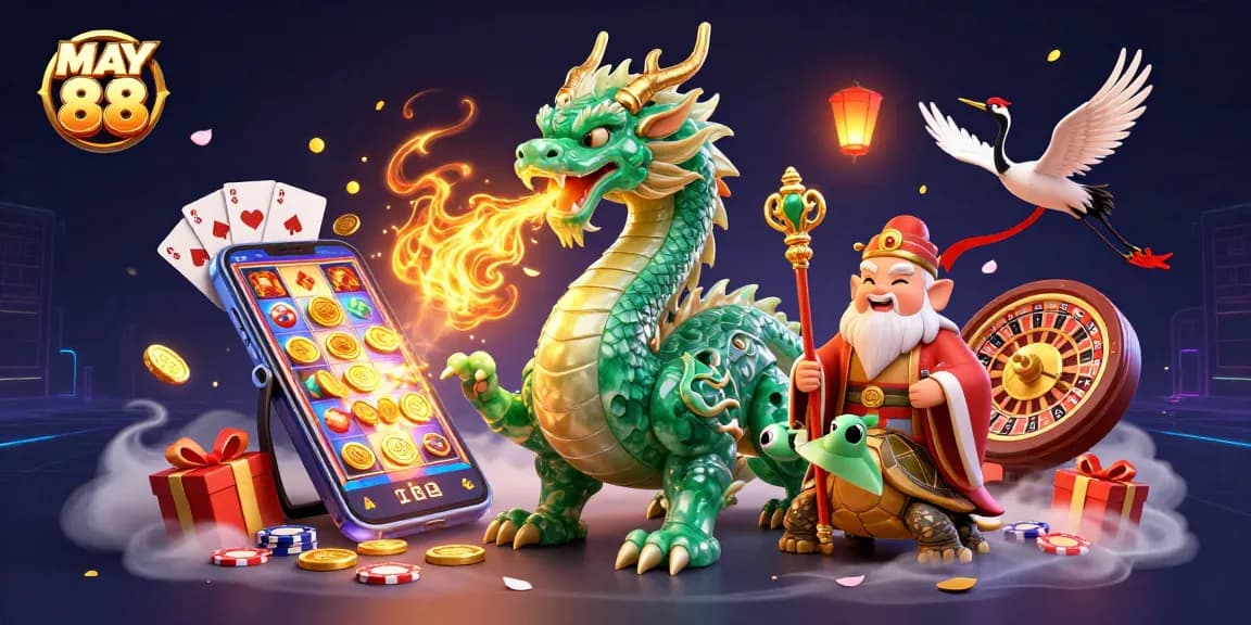 Experience the excitement of MAY 88 with a vibrant scene featuring a jade dragon, turtles, and casino elements.