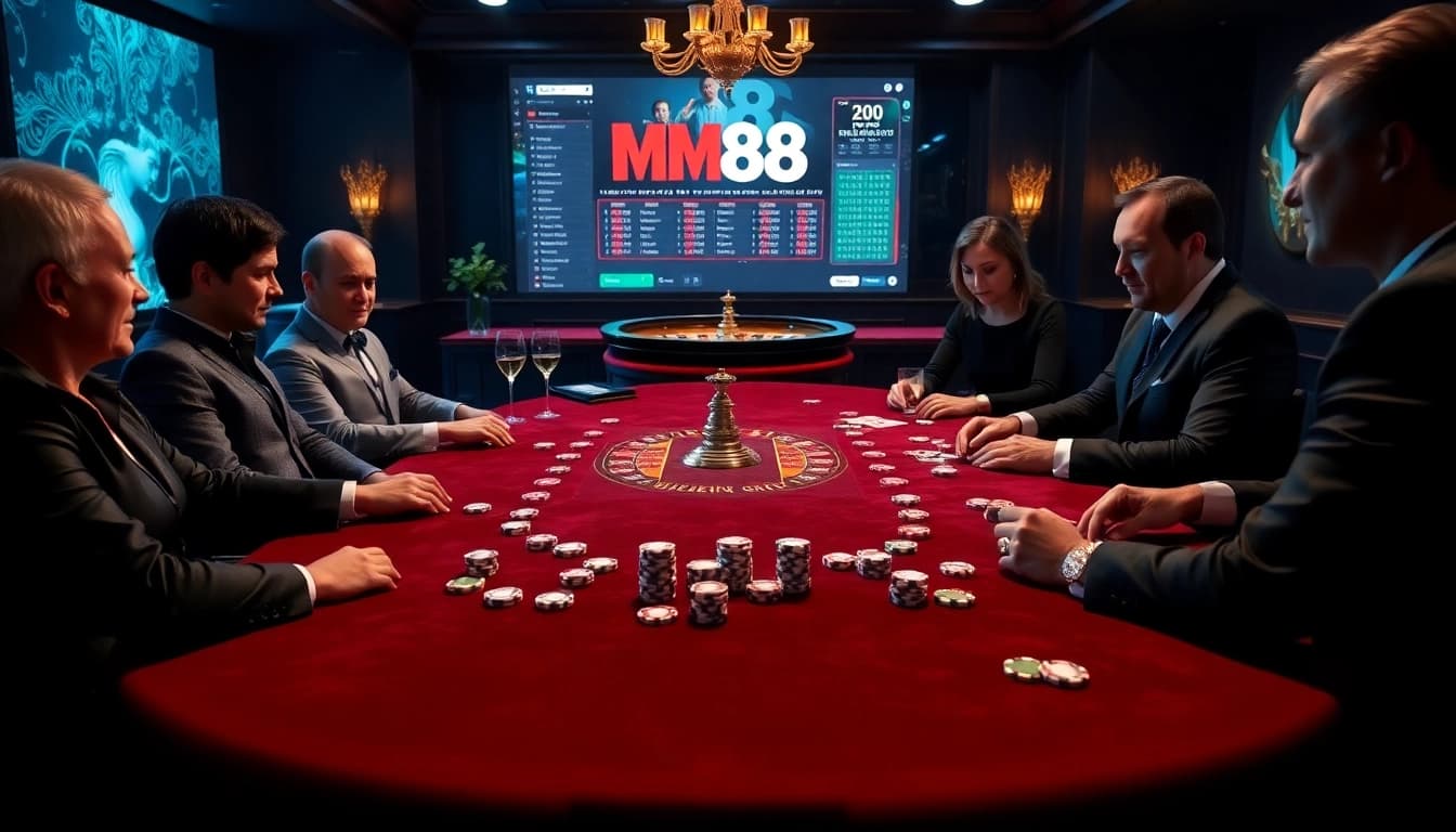 Engage in top-tier gameplay at MM88's luxurious casino with vibrant poker chips and roulette wheel.