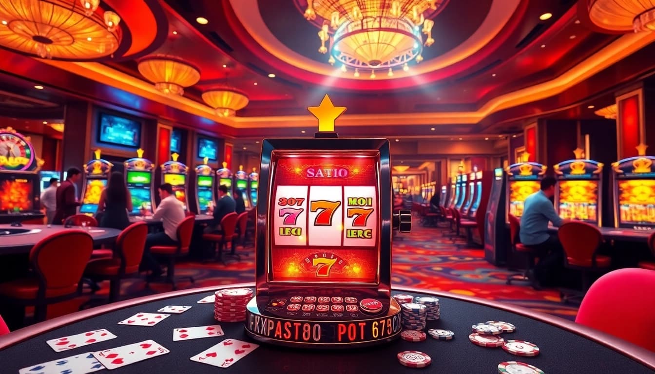 Exciting casino atmosphere featuring slot gacor hari ini with vibrant slot machines and focused players.