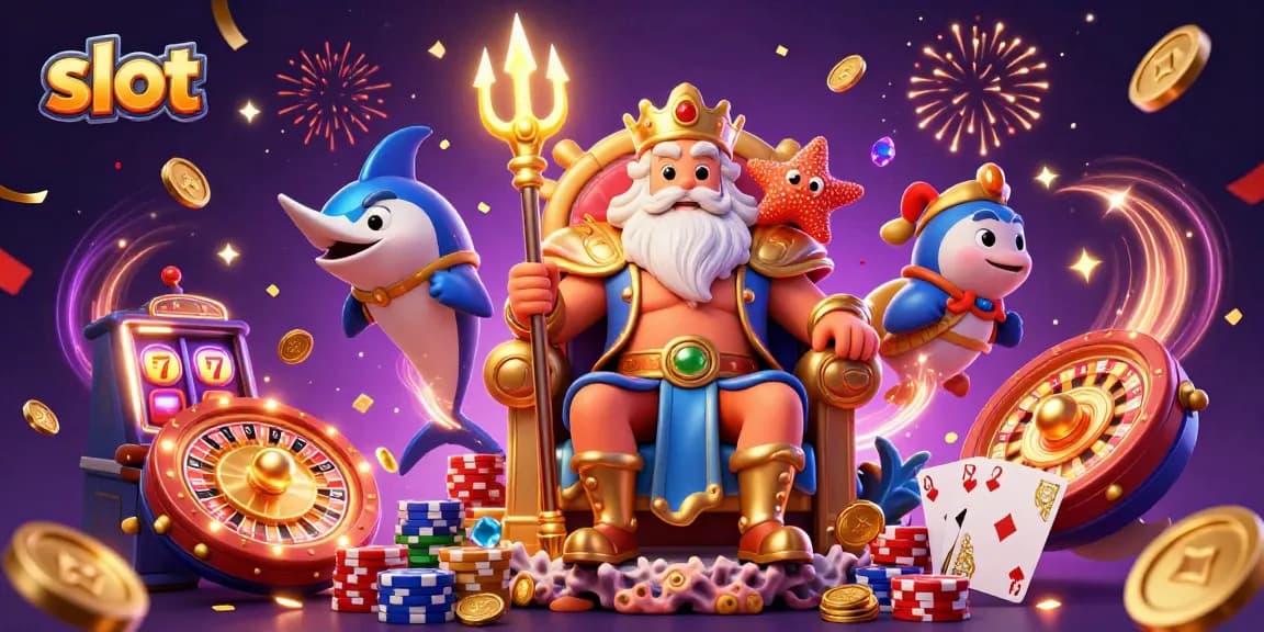 Spin the slot reels with king Neptune and friends in a vibrant casino scene.