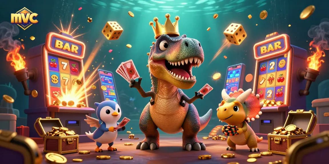 Engage with mvc's 3D illustrated casino scene featuring a T-Rex shuffling cards amidst vivid slot machines.