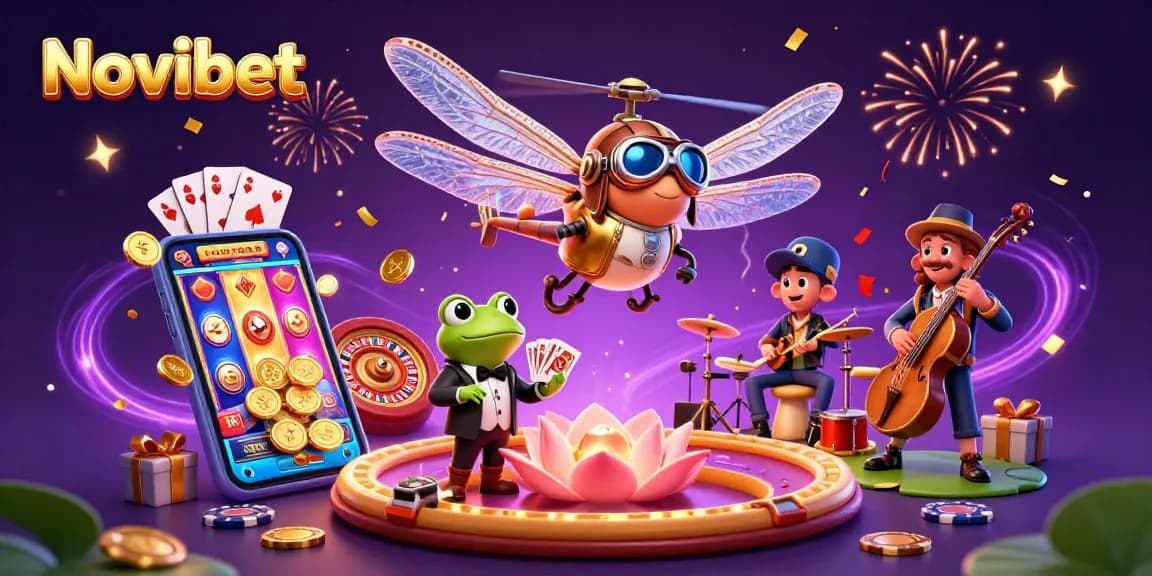 Experience thrilling gameplay at Novibet with a lively scene adorned with vibrant casino elements.