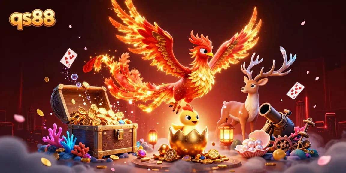 Engage in thrilling gameplay at qs88 with vibrant 3D elements featuring a phoenix, jewels, and casino themes.