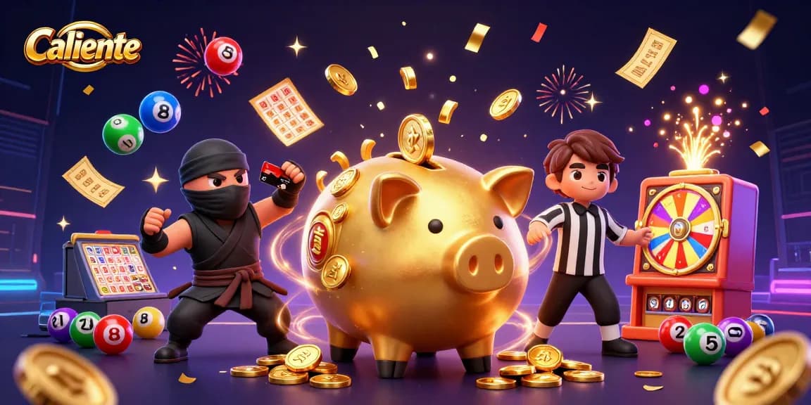 Spin colorful lottery balls at Caliente's dynamic casino, featuring a golden piggy bank and energetic characters.