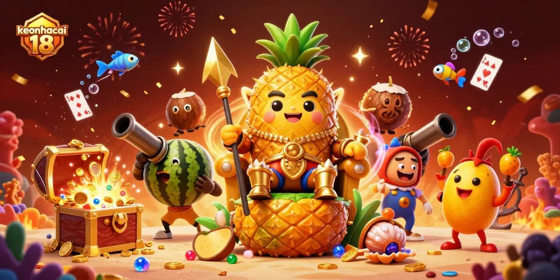 Experience thrilling action with keonhacai 18 in a vibrant casino scene featuring playful royalty and treasure.