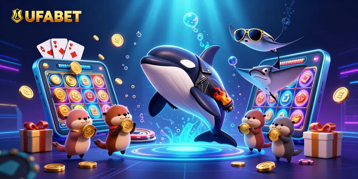 Bet on UFABET with a thrilling casino scene featuring characters and casino elements.