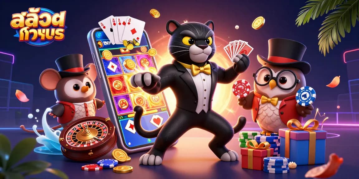 Engage in สล็อตทดลอง with stylish cartoon characters dealing cards and showcasing a colorful slot game.