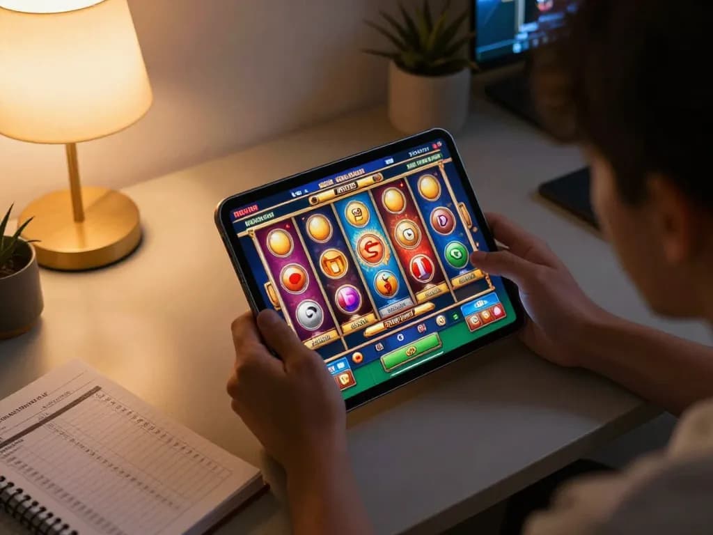 Playing slot online on smartphone with vibrant reels and bankroll strategies visible