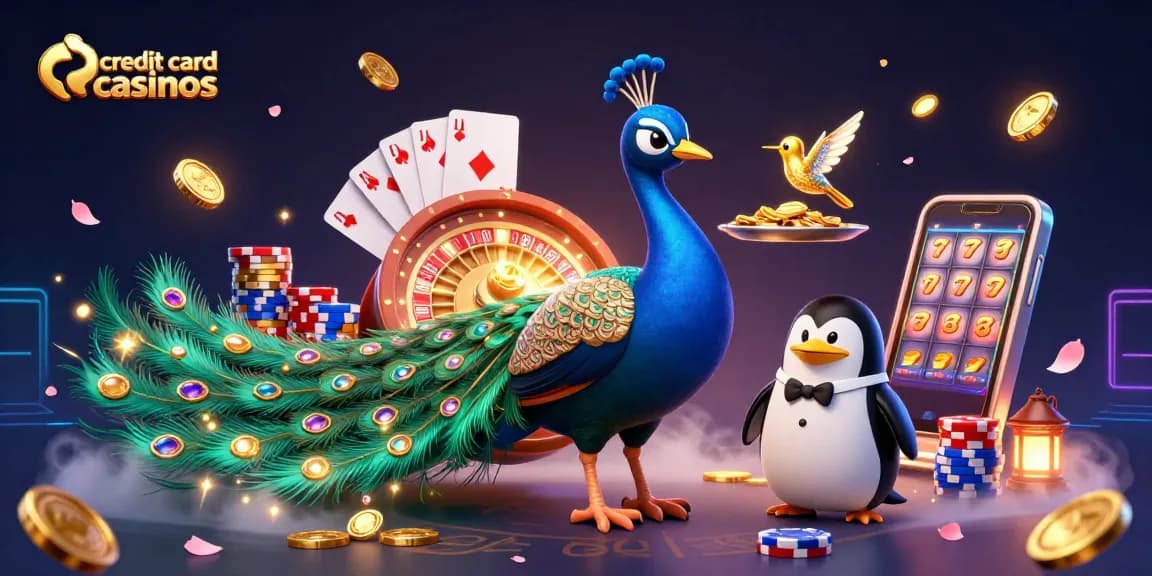 Experience entertainment at credit card casinos with vibrant characters and casino elements.