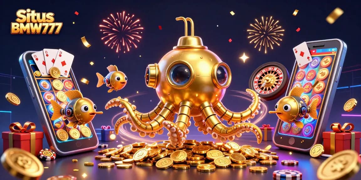 Engage with Situs BMW777's vibrant casino experience featuring a golden kraken submarine and dynamic game elements.