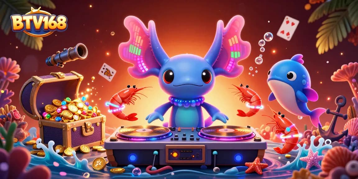 Engage with BTV168 at an underwater party featuring neon characters and vibrant elements.