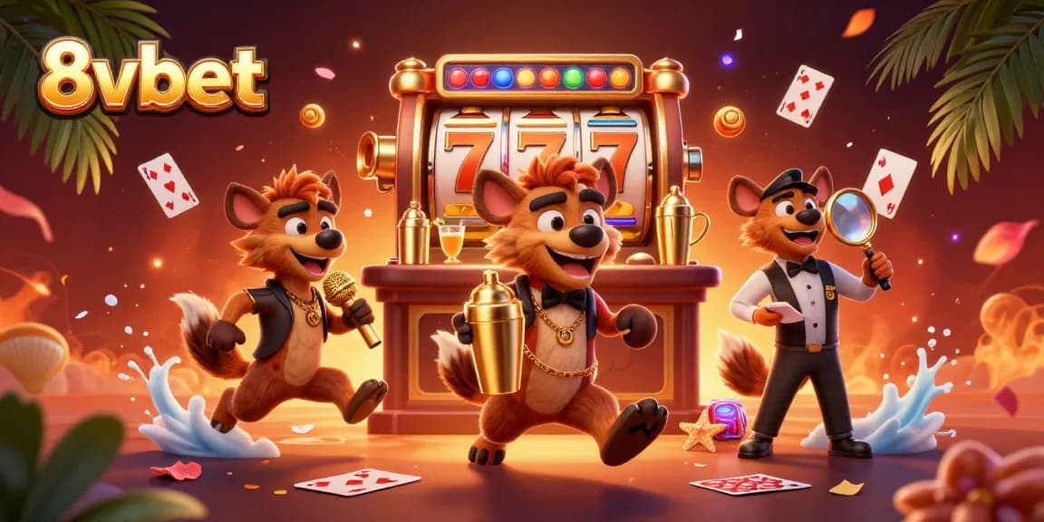 Laughing hyenas at 8vbet casino mix drinks, tell jokes, and check IDs in a vibrant scene