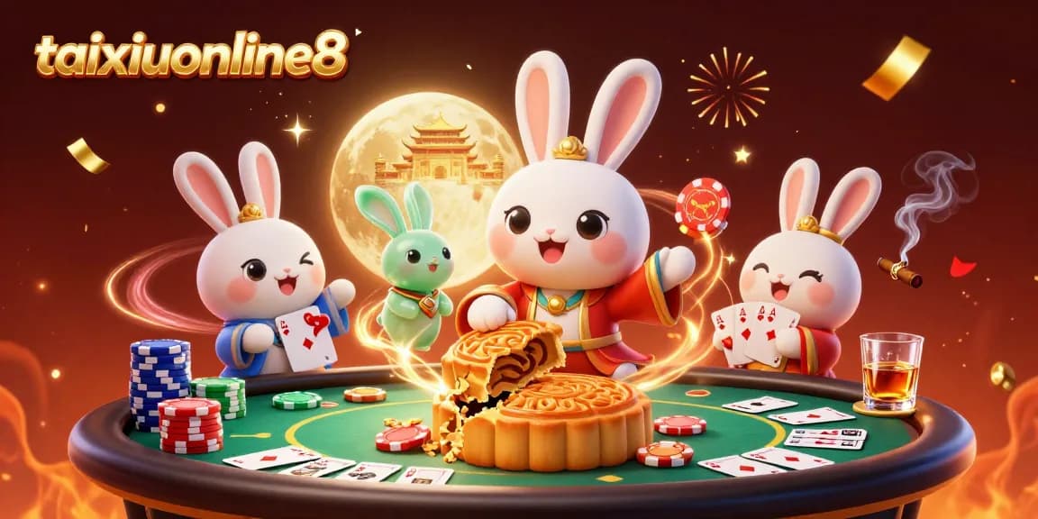 Engage with taixiuonline8, as a moon rabbit reveals poker chips while celebrating on the lunar surface.