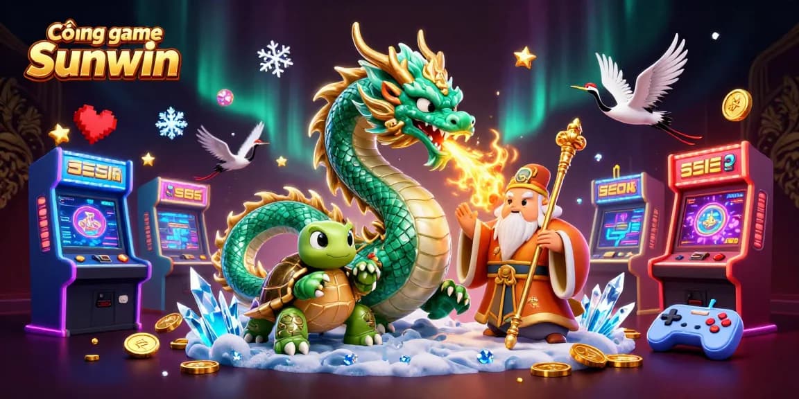 Cổng game Sunwin showcases a vibrant scene with a jade dragon, wise turtle sage, and lucky cranes amidst dynamic arcade game elements.