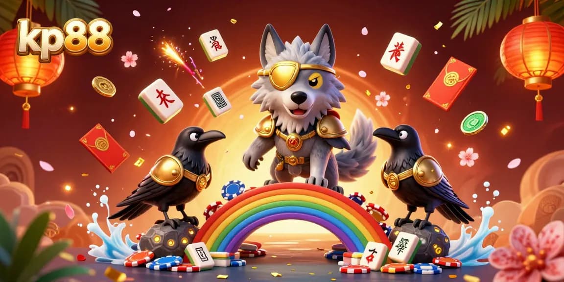 Experience the vibrant excitement of kp88 with an Odin wolf and stunning casino symbolism in this breathtaking digital illustration.