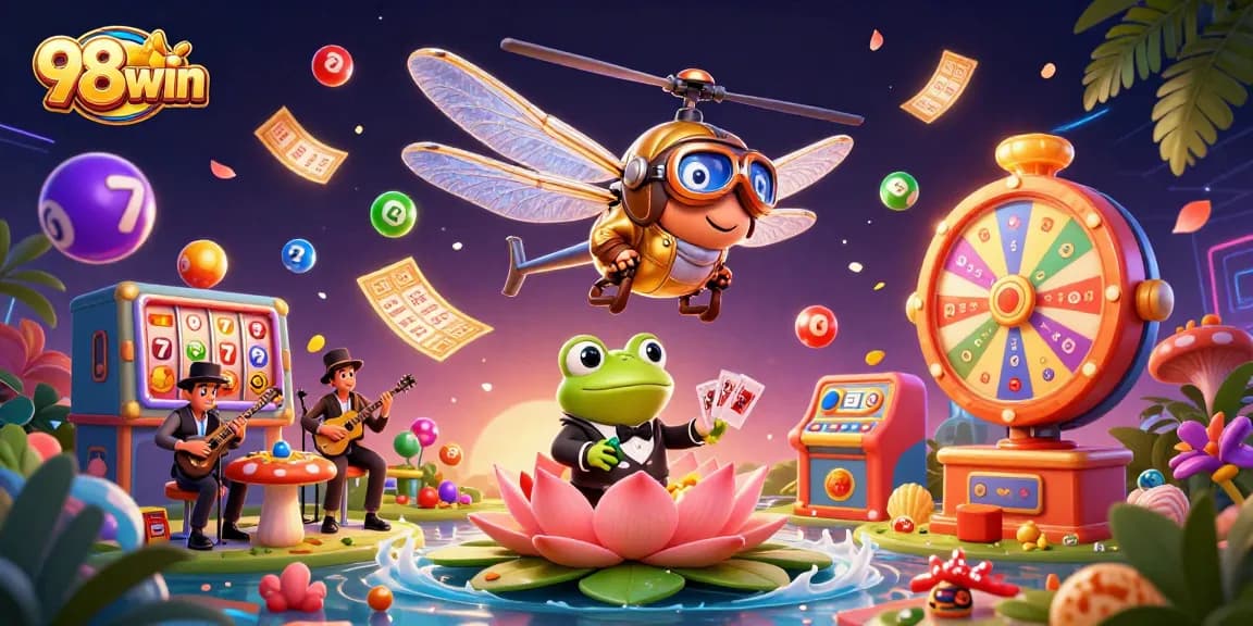 Engage with 98win at an enchanting lily pad casino with vibrant lottery balls and whimsical characters.