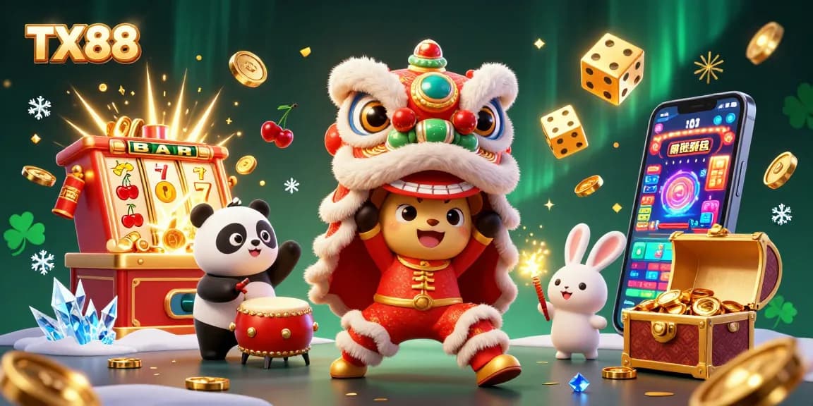 Experience TX88's vibrant winning scene with a lion dance, drumming panda, and slot machine excitement.