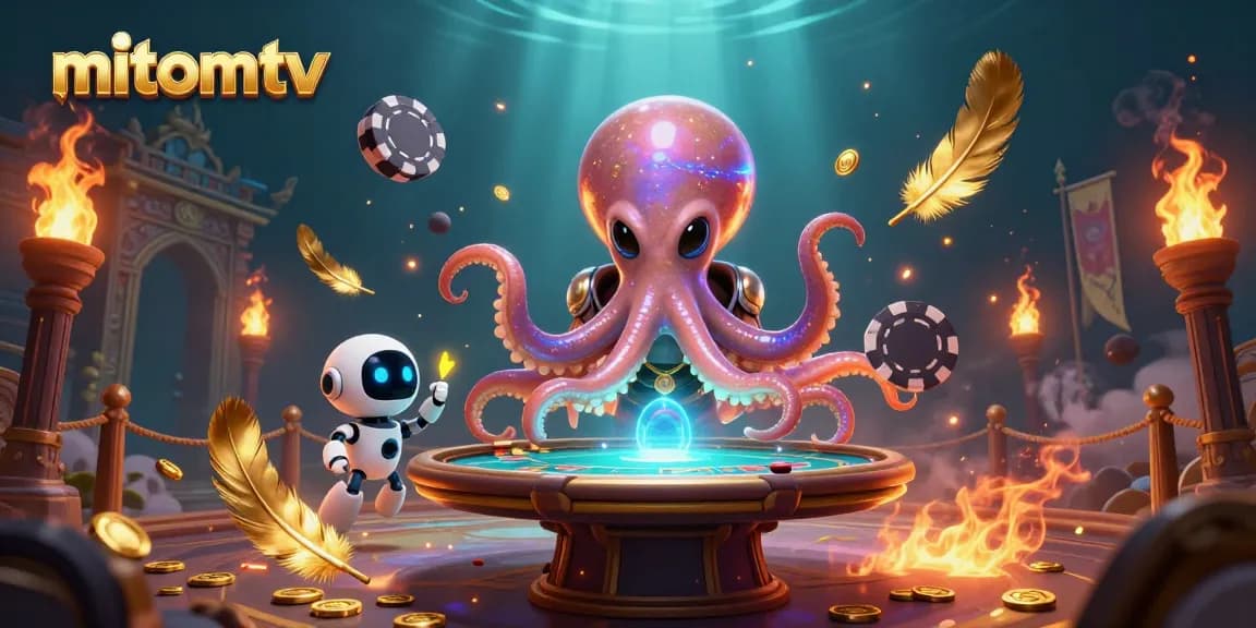 Experience thrilling gaming at mitomtv with a vibrant scene of an alien octopus leading a spectacular poker game.